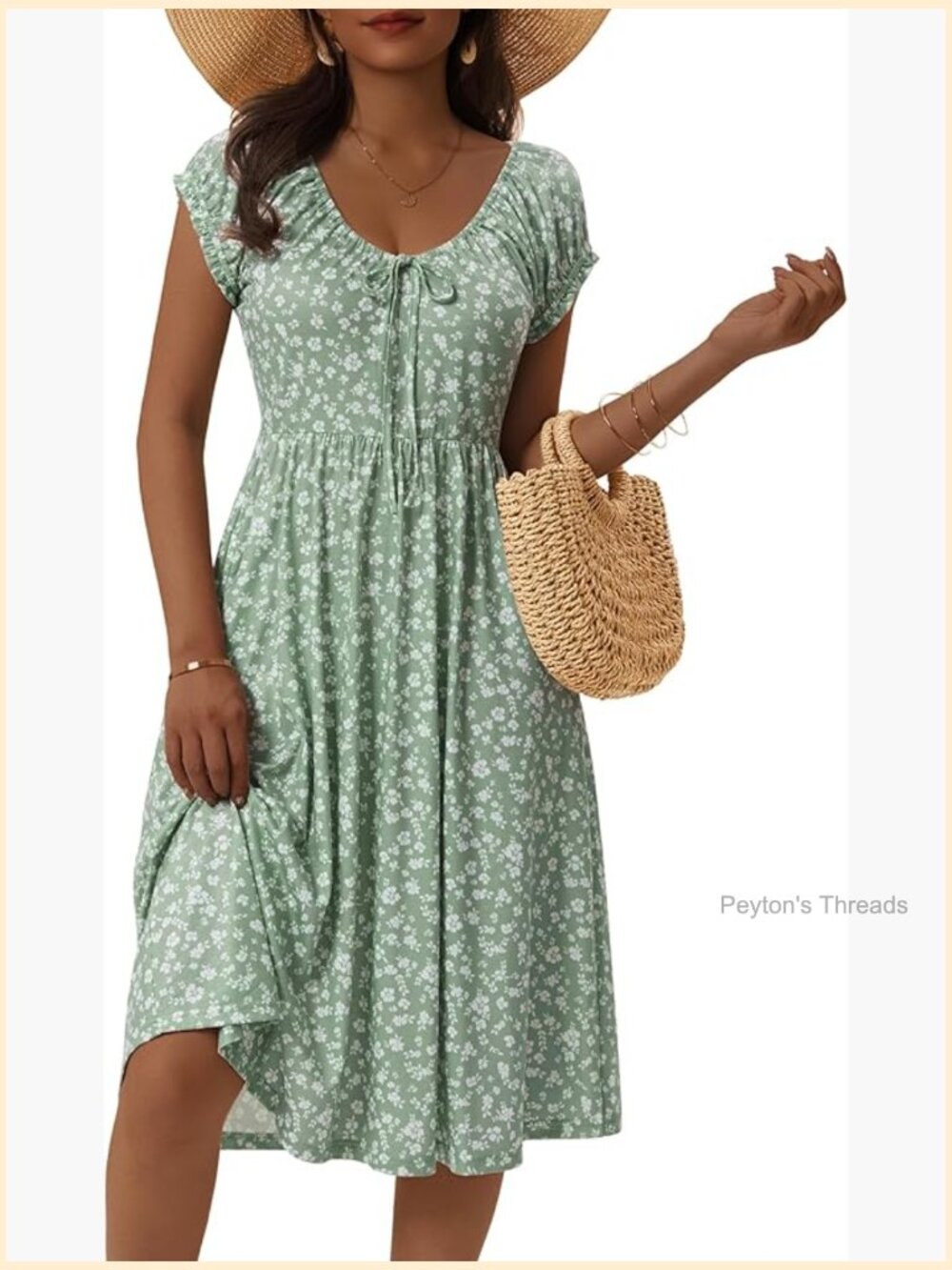 Floral V Neck Puff Cap Sleeve Sundress Midi Dress with Pockets - Picture 1 of 7